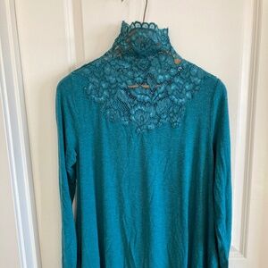 Soft Surroundings Teal Lace Turtleneck Sweater Sz M